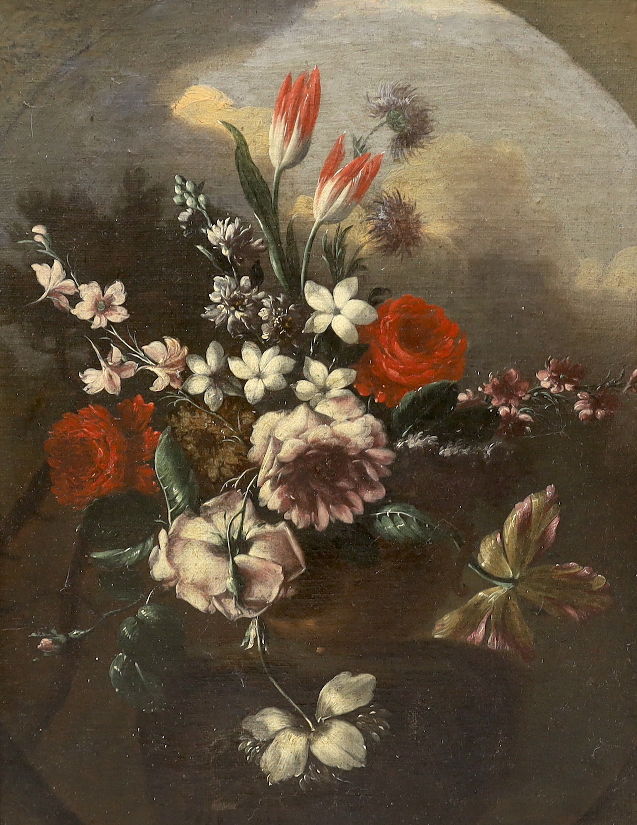 19th century, oil on canvas, Still life of flowers, feigned oval, 55 x 42cm